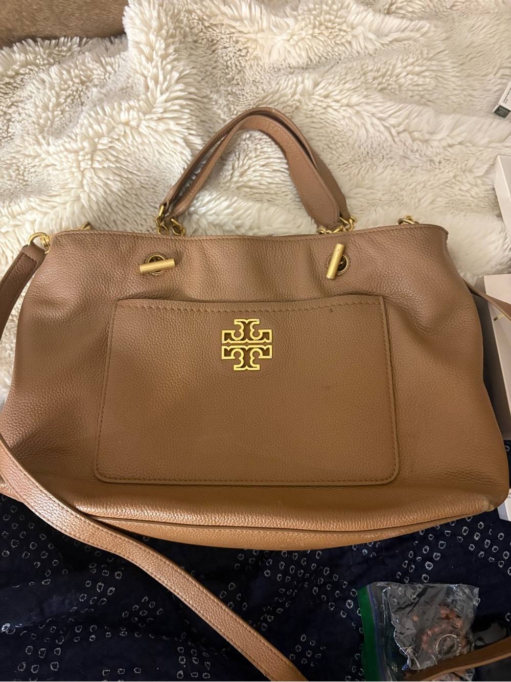 Tory Burch Camel Pebbled Leather Satchel with Gold Logo